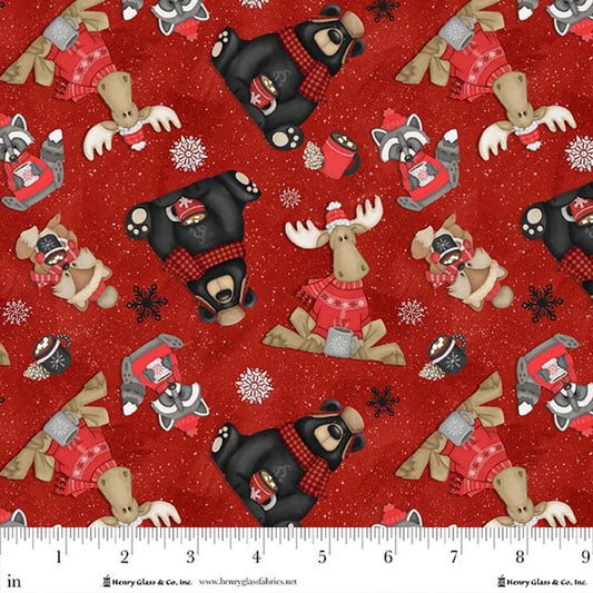 Patchwork Baumwolle "Pincone Ridge Lodge" Wintertiere auf Rot