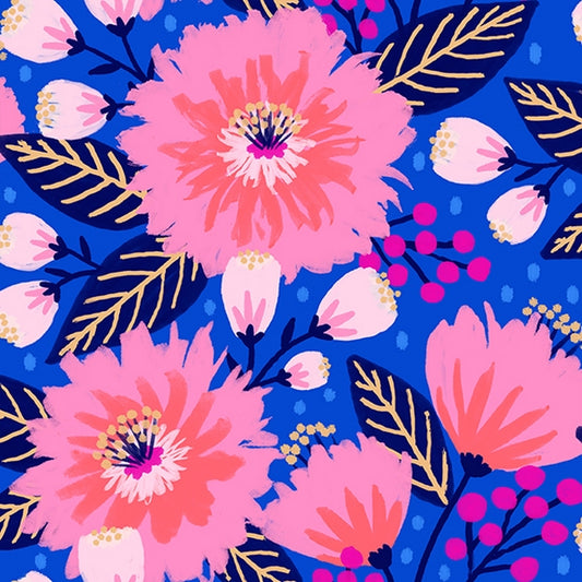 Patchwork Baumwolle "Dahlia Party" royalblau