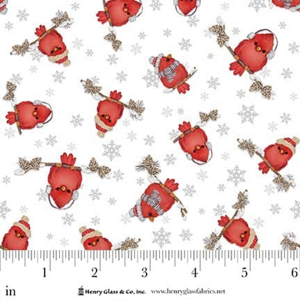 Patchwork Baumwolle "Pincone Ridge Lodge" Wintervögel auf Weiß