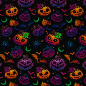 French Terry Halloween Kürbis in leuchtenden Farben auf schwarzem Grund